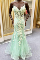Sage Green Spaghetti Straps Mermaid Evening Prom Dresses With Appliques