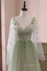 Sage Green Tulle Long Sleeve 3D Flower Evening Prom Dresses