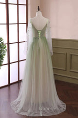 Sage Green Tulle Long Sleeve 3D Flower Evening Prom Dresses