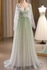 Sage Green Tulle Long Sleeve 3D Flower Evening Prom Dresses