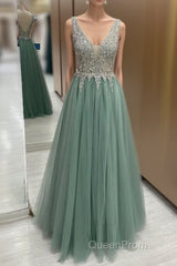 Sage Green Tulle V Neck Beaded Dresses