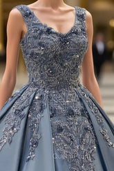 Satin Ball Gown V Neck Lace Embroidery Beaded