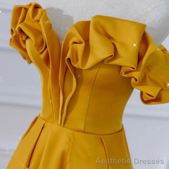 Satin Dark Yellow Off Shoulder Party Dress, A-line Satin Prom Dress
