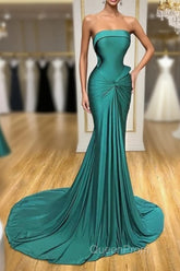 Satin Green Trumpet Mermaid Strapless Ruched Evening Prom Dresses