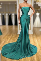 Satin Green Trumpet Mermaid Strapless Ruched Evening Prom Dresses