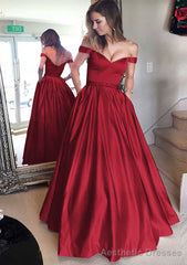 Satin Prom Dresses A-Line/Princess Off-The-Shoulder Long/Floor-Length With Beaded
