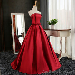 Satin Scoop Floor Length Ball Prom Dress , Dark Red Sweet 16 Gown