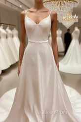 Satin Spaghetti Straps Backless Long Wedding Dresses
