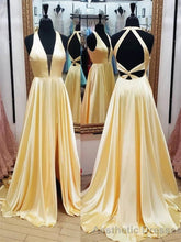 Satin Yellow Celebrity Prom Dress With Plunging V-Neckline