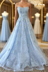 Scoop Neck Light Blue Backless Lace Evening Prom Dresses, Scoop Neck Blue Lace Formal Evening Dresses