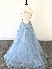 Scoop Neck Light Blue Backless Lace Evening Prom Dresses, Scoop Neck Blue Lace Formal Evening Dresses