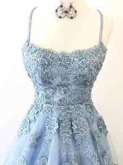 Scoop Neck Light Blue Backless Lace Evening Prom Dresses, Scoop Neck Blue Lace Formal Evening Dresses