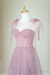 Scoop Neckline Tulle Pink Long Prom Dress, Cute A-Line Evening Party Dress