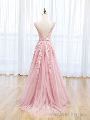 Scoop Neckline Tulle Pink Long Prom Dress, Pink Backless Evening Dresses