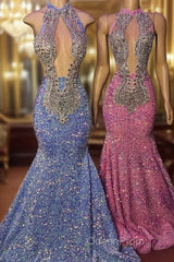Sequin Mermaid Pink High Neck Crystals Evening Prom Dresses