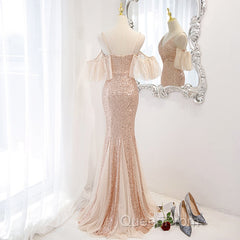 Sequins And Tulle Mermaid Long Party Dresses Evening Prom Dresses, Off Shoulder Formal Dresses