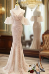 Sequins And Tulle Mermaid Long Party Dresses Evening Prom Dresses, Off Shoulder Formal Dresses