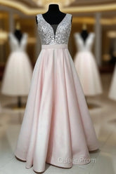 Sequins V-Neck Floor Length Satin Evening Prom Dresses