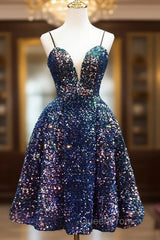 Sequins V-Neckline Short Straps Homecoming Dresses, Short Sequins Evening Prom Dresses