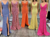 Mermaid Yellow Sequins Long Evening Prom Dresses with Slit