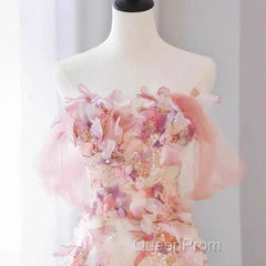 Sexy A Line Off The Shoulder Pink Tulle Floor Length Floral Evening Prom Dresses