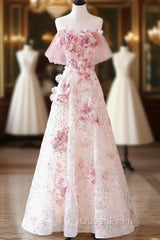 Sexy A Line Off The Shoulder Pink Tulle Floor Length Floral Evening Prom Dresses