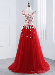 Sexy A-Line Red Tulle Appliques Long Prom Dresses