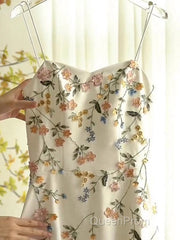 Sexy A Line Spaghetti Straps Ivory Floral Satin Evening Prom Dresses Birthday Outfits Evening Gown