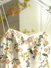 Sexy A Line Spaghetti Straps Ivory Floral Satin Evening Prom Dresses Birthday Outfits Evening Gown