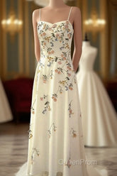 Sexy A Line Spaghetti Straps Ivory Floral Satin Evening Prom Dresses Birthday Outfits Evening Gown