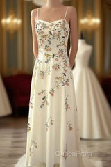 Sexy A Line Spaghetti Straps Ivory Floral Satin Evening Prom Dresses Birthday Outfits Evening Gown