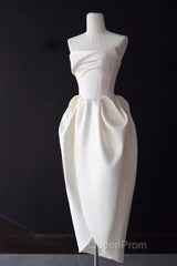 Sexy A Line Strapless Satin White Tea Length Wedding Dresses Brides Dresses