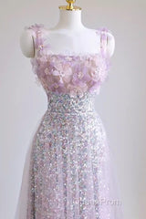 Sexy A Line Straps Lilac Sequin Evening Prom Dresses