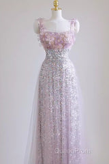 Sexy A Line Straps Lilac Sequin Evening Prom Dresses