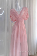 Sexy A Line V Neckline Ruffled Pink Chiffon Beach Dresses WomenS Vacation Dresses