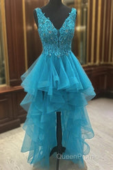 Sexy Asymmetrical V-Neck Tulle Evening Prom Dresses