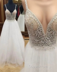 Sexy Backless V Neck White Beaded A-Line Long Evening Evening Prom Dresses