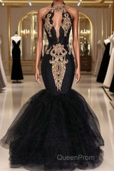 Sexy Black Halter Mermaid Long Evening Prom Dresses Keyhole Lace Gold Shiny Applique Beaded Floor Length Evening Party Gowns