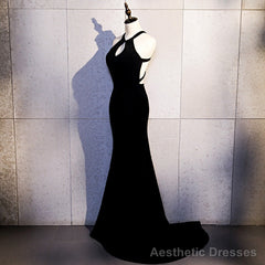 Sexy Black Mermaid Long Halter Evening Dress, Black Prom Dress