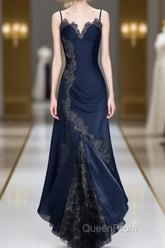 Sexy Bodycon Mermaid Straps Long Navy Blue Lace Evening Prom Dresses Party Dresses