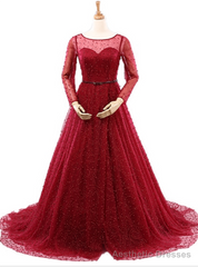 Sexy Burgundy Long Sleeve Tulle Pearls Wedding Dress