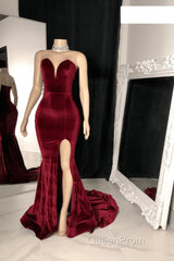Sexy Burgundy Velvet Wedding Guest Dresses V Neck Mermaid Evening Prom Dresses