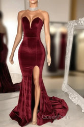 Sexy Burgundy Velvet Wedding Guest Dresses V Neck Mermaid Evening Prom Dresses