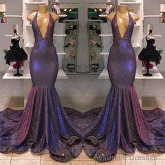 Sexy Deep V-neck Chiffon Mermaid Prom Dress Sequins Long