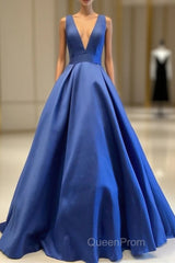 Sexy Deep V-Neck Long Satin Bow Back Evening Dresses Floor Length Evening Prom Gowns