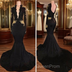 Sexy Deep V-Neck Long Sleeves Black Gold Evening Prom Dresses
