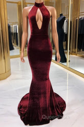 Sexy Halter Burgundy Winter Wedding Guest Dresses Velvet Evening Prom Dresses Sleeveless