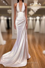 Sexy Halter V-Neck Mermaid Evening Prom Dresses Ruffle Satin Long Party Dresses