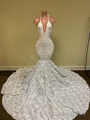 Sexy Hater Deep V-Neck Backless Ivory Prom Dress with Flowers Bottom