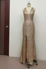 Sexy Leg Split Open Back Mermaid Sequins Evening Prom Dresses